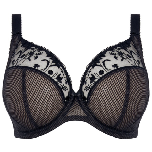 NEW Elomi Charley Plunge Embroidered Floral Fishnet Underwire Bra 4380 Jet Black - Picture 4 of 5